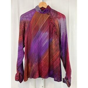 JABE EST S M Andrea Behar Blouse Sheer Shimmer Stripe Button Mock Red Purple